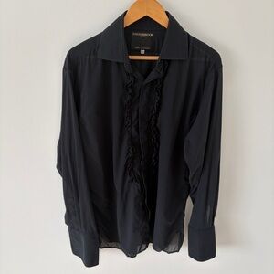 Favourbrook London Black Ruffle Front Cotton Dress Shirt Sz L UK 16,5 England*K9